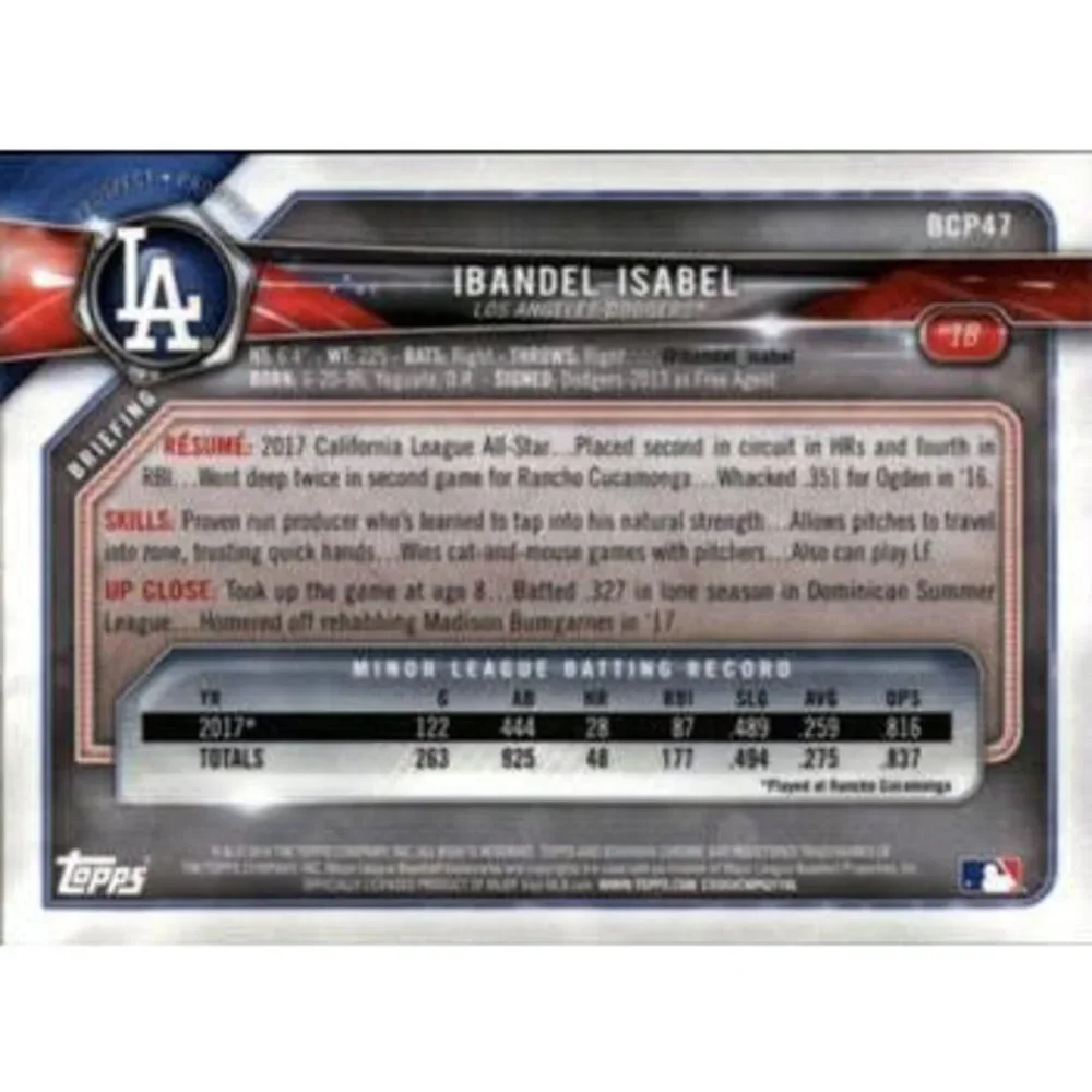 2018 Bowman Chrome Prospects Ibandel Isabel BCP47 Los Angeles Dodgers